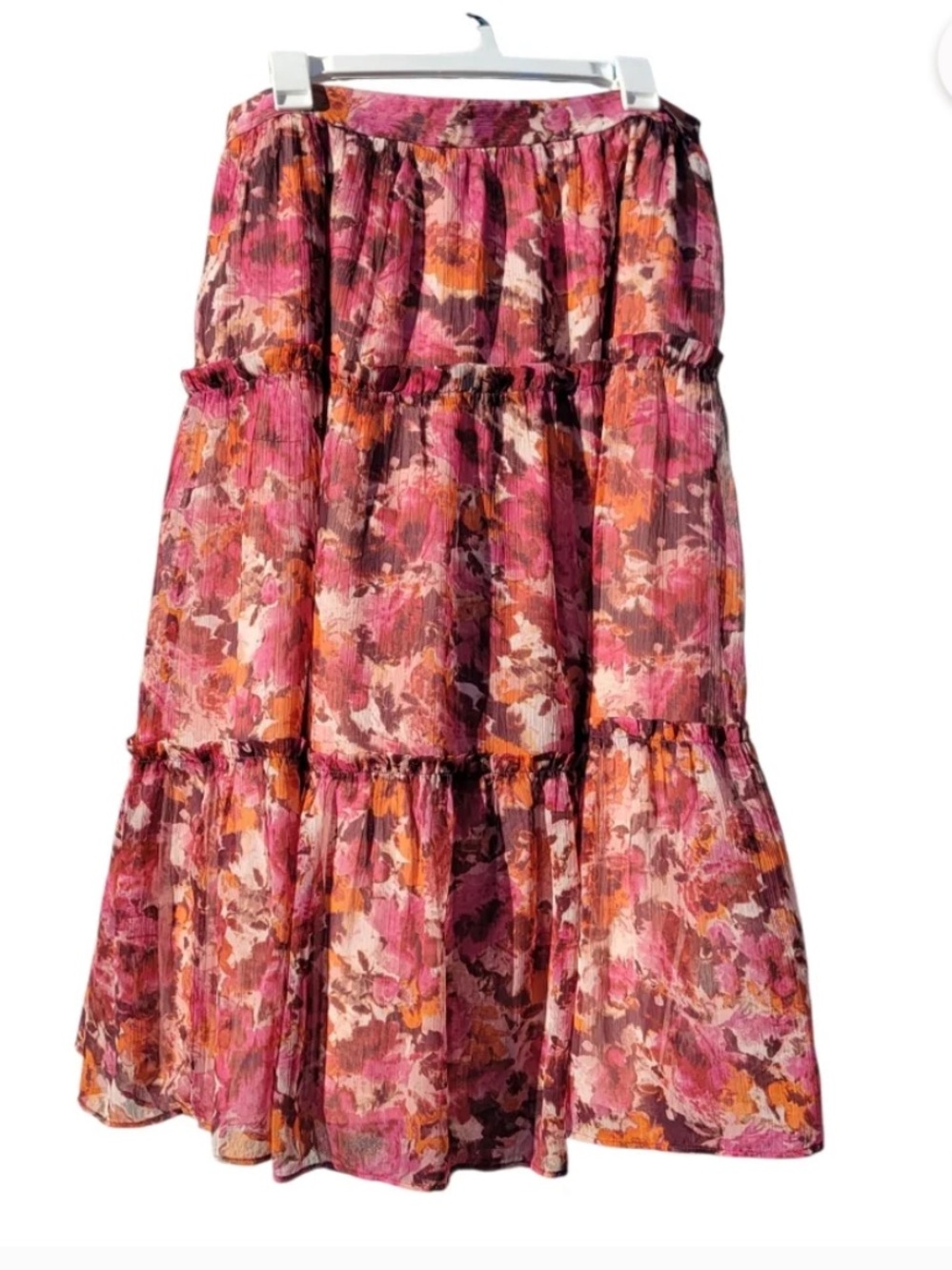 1. State Tiered Floral Midi Skirt in Pink and Orange